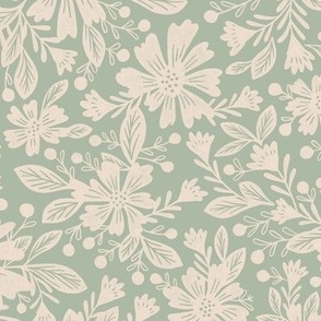 LARGE floral retro light seafoam vintage green with off white cream flowers