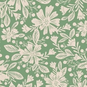 LARGE floral minty seafaom vintage green with off white cream flowers