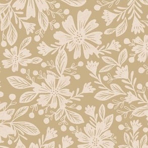 LARGE floral wheat beige neutral with off white cream flowers