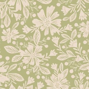 LARGE floral retro pastel lime vintage green with off white cream flowers