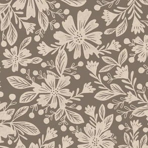 LARGE floral country vintage deep taupe with off white cream flowers