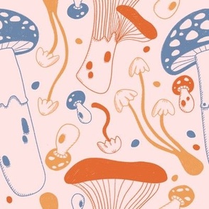 Mushroom Hand Drawn - Blush / White / Orange / Yellow / Blue