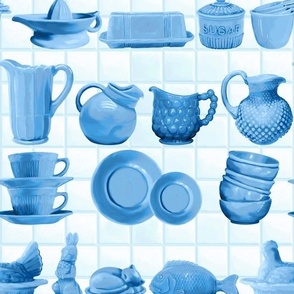 Blue Milk Glass, Depression Glass, Delphite Kitchenware and Dishes, Retro Kitsch