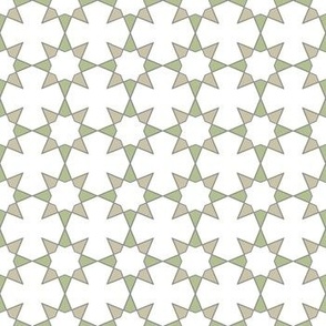 Spanish Tile-Floral Stars-Beige, Khaki, Green, on a White Background.