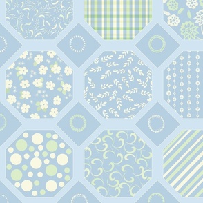 Octagonal Shape Patchwork Baby Quilt, Powder Blue Mint Green and Lemon