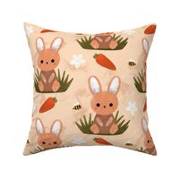 Cute Beige Spring Bunny Rabbit Easter Flower Pattern With Carrots and Bumblebees On Sage Green