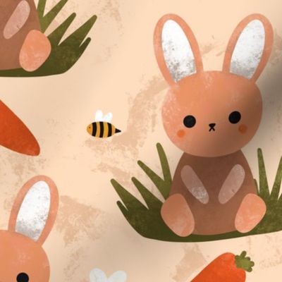 Cute Beige Spring Bunny Rabbit Easter Flower Pattern With Carrots and Bumblebees On Sage Green