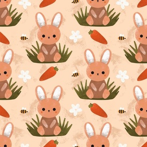 Cute Beige Spring Bunny Rabbit Easter Flower Pattern With Carrots and Bumblebees On Sage Green