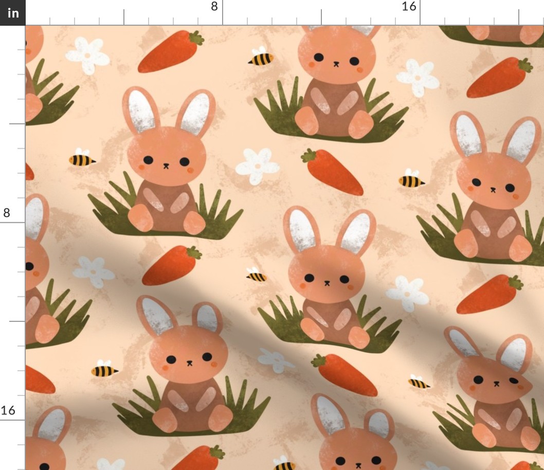 Cute Beige Spring Bunny Rabbit Easter Flower Pattern With Carrots and Bumblebees On Sage Green