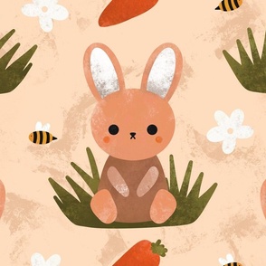 (Large Scale) Cute Beige Spring Bunny Rabbit Easter Flower Pattern With Carrots and Bumblebees On Sage Green