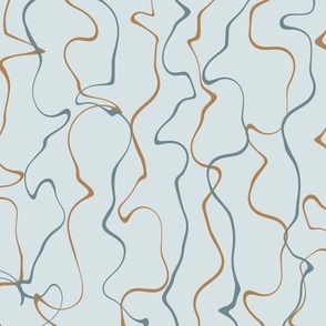 Organic Squiggly Lines Fabric and Wallpaper in Teal Blue and Brown on a Light Teal Background 