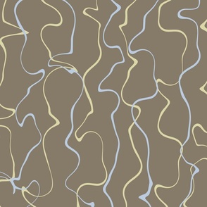 Organic Squiggly Lines Fabric and Wallpaper in Blue and Yellow on a Brown Background 