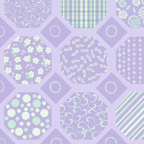 Octagonal Shape Patchwork Baby Quilt. Lilac and green