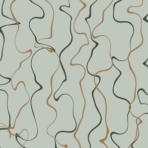 Organic Squiggly Lines Fabric and Wallpaper in Green and Brown on a Sage Green Background 