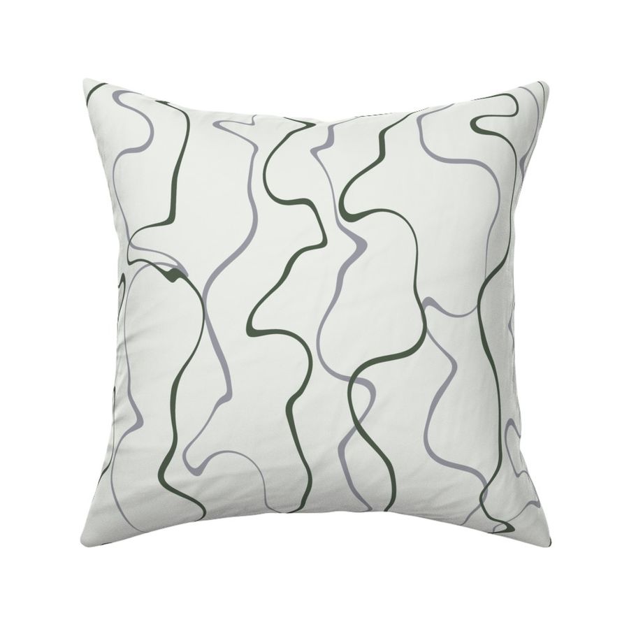 Organic Squiggly Lines Fabric and Wallpaper in Green and Grey on Light Grey Background 