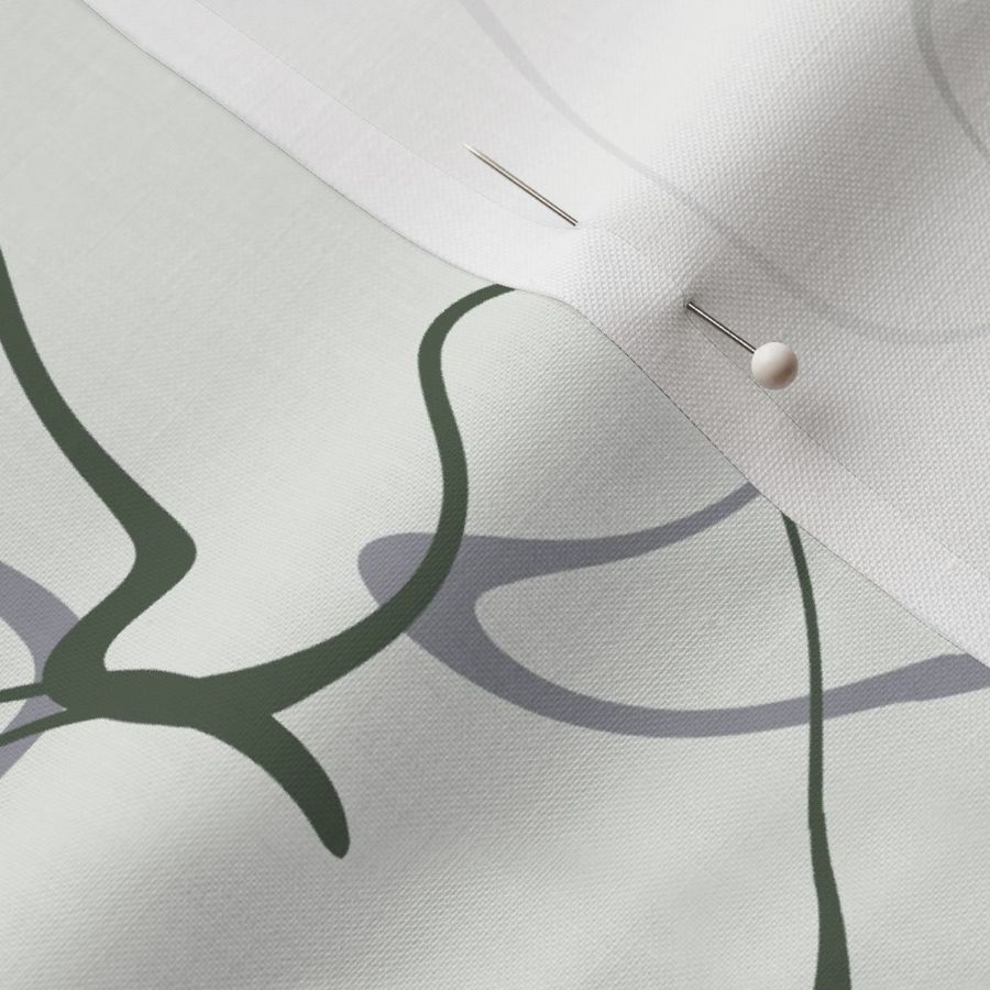 Organic Squiggly Lines Fabric and Wallpaper in Green and Grey on Light Grey Background 