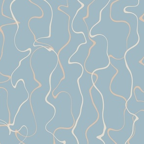 Organic Squiggly Lines Fabric and Wallpaper in Pink and Peach on a Blue Background 