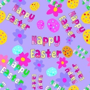 Happy Easter with Easter Eggs and Colorful Flowers on Purple Background #bba9fd