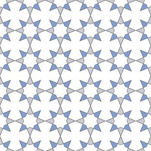 Spanish Tile-Floral Stars-Gray and Blue on a White Background.