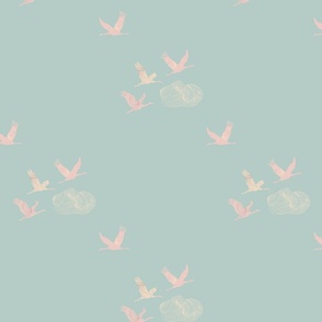 Tranquil Flying Cranes, Japanese Clouds in Pastel Green and Pink, Large