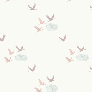 Tranquil Flying Cranes, Japanese Clouds in Minimalist Pink, Green, White, Large