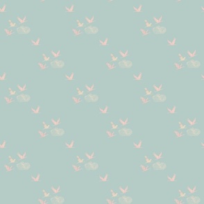 Tranquil Flying Cranes, Japanese Clouds in Pastel Green and Pink, Medium
