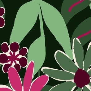 549 - Jumbo scale Grungy bold florals in bold hot pink, forest green and off white - for women's apparel, fun garden wallpaper, curtains, duvet covers and funky table cloths