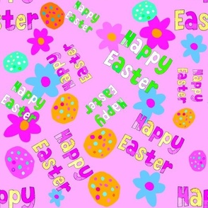 Easter Egg Hunt - Happy Easter with Cute Flowers and Easter Eggs on Pink Background 