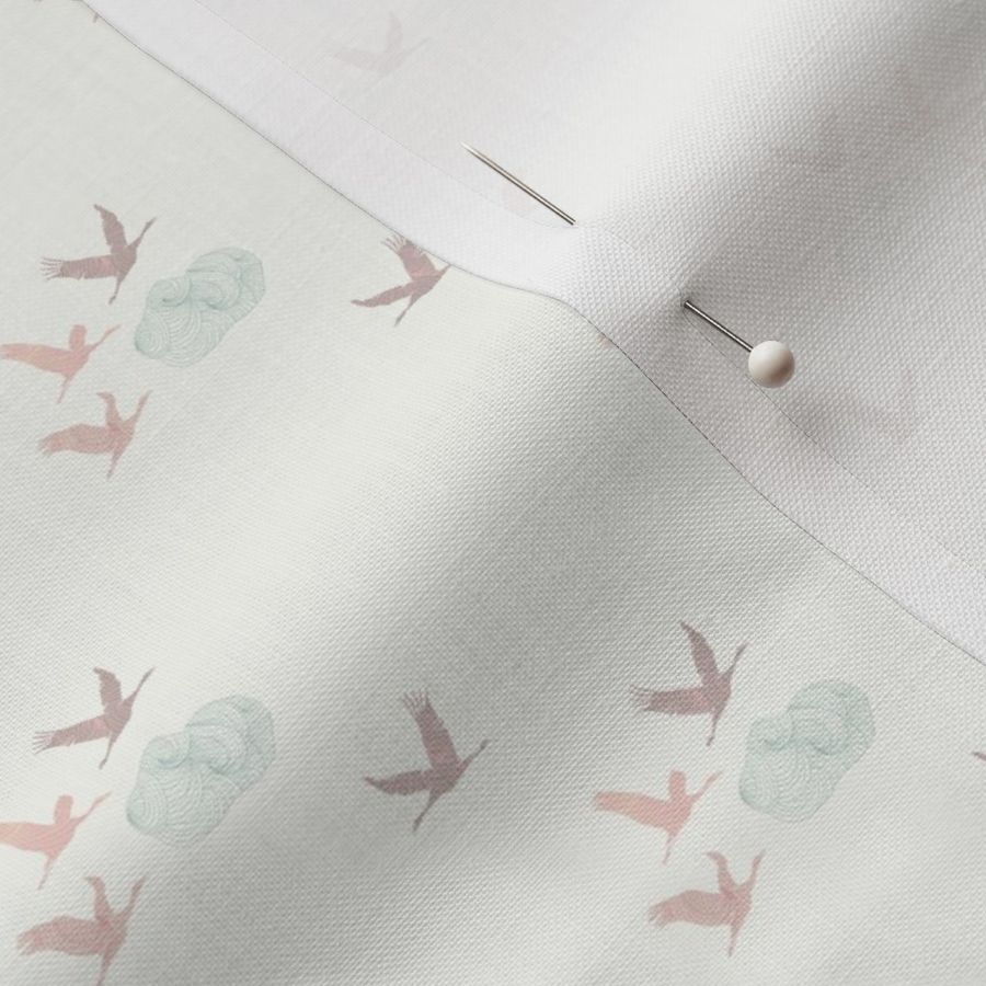 Tranquil Flying Cranes, Japanese Clouds in Minimalist Pink, Green,White, Small