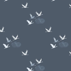 Tranquil Flying Cranes, Japanese Clouds in Indigo Blue, Large