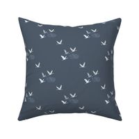 Tranquil Flying Cranes, Japanese Clouds in Indigo Blue, Medium