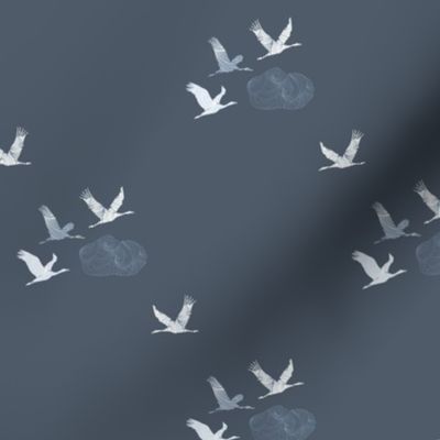 Tranquil Flying Cranes, Japanese Clouds in Indigo Blue, Medium
