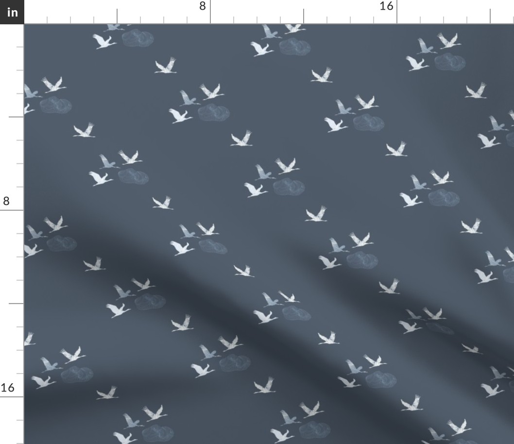 Tranquil Flying Cranes, Japanese Clouds in Indigo Blue, Medium