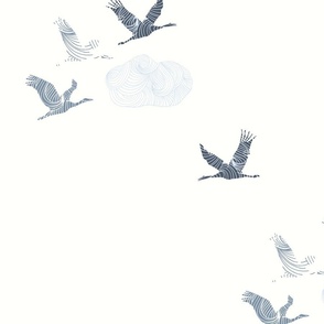 Tranquil Flying Cranes, Japanese Clouds,Minimalist White and Dark Blue, Jumbo