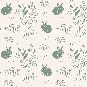 woodland bunnies warm neutrals _CREAM and MUTED GREEN_medium scale 