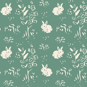 woodland bunnies warm neutrals _CREAM and BRIGHT GREEN_medium scale