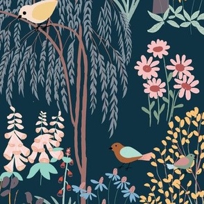 Birds in the garden//medium scale//dark//wallpaper//fabric//home decor 