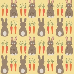 567- small  scale Fluffy bunny rabbits and carrots in springtime in pretty soft yellow, orange and taupe - for nursery wallpaper,kids apparel, Easter table decor, children’s curtains 