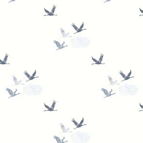 Tranquil Flying Cranes, Japanese Clouds,Minimalist White and Dark Blue, Large
