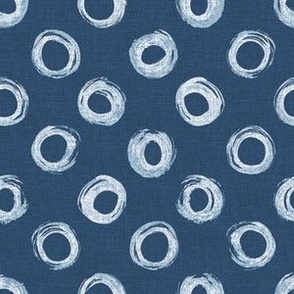 Small - Hand drawn watercolor circles and rings – painted geometric brush strokes bleaching out the denim texture giving a grungy, faded effect to the dark indigo blue.