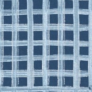 Small - Hand drawn half inch wide watercolor gingham pattern – painted geometric brush strokes bleaching out the denim texture giving a grungy, faded effect to the dark indigo blue.