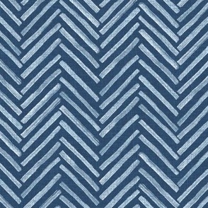Small - Hand drawn watercolor herringbone pattern – painted geometric brush strokes bleaching out the denim texture giving a grungy, faded effect to the dark indigo blue.