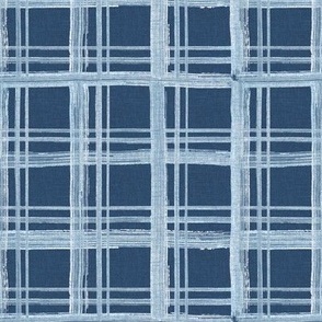 Small - Hand drawn watercolor plaid or tartan pattern – painted geometric brush strokes bleaching out the denim texture giving a grungy, faded effect to the dark indigo blue.