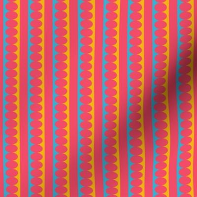 572- small scale hot pink, sunny yellow and turquoise blue Mid Century modern bold scallop stripe coordínate for kids apparel, wallpaper, duvet covers and tablecloths. 