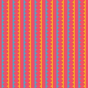 572- small scale hot pink, sunny yellow and turquoise blue Mid Century modern bold scallop stripe coordínate for kids apparel, wallpaper, duvet covers and tablecloths. 