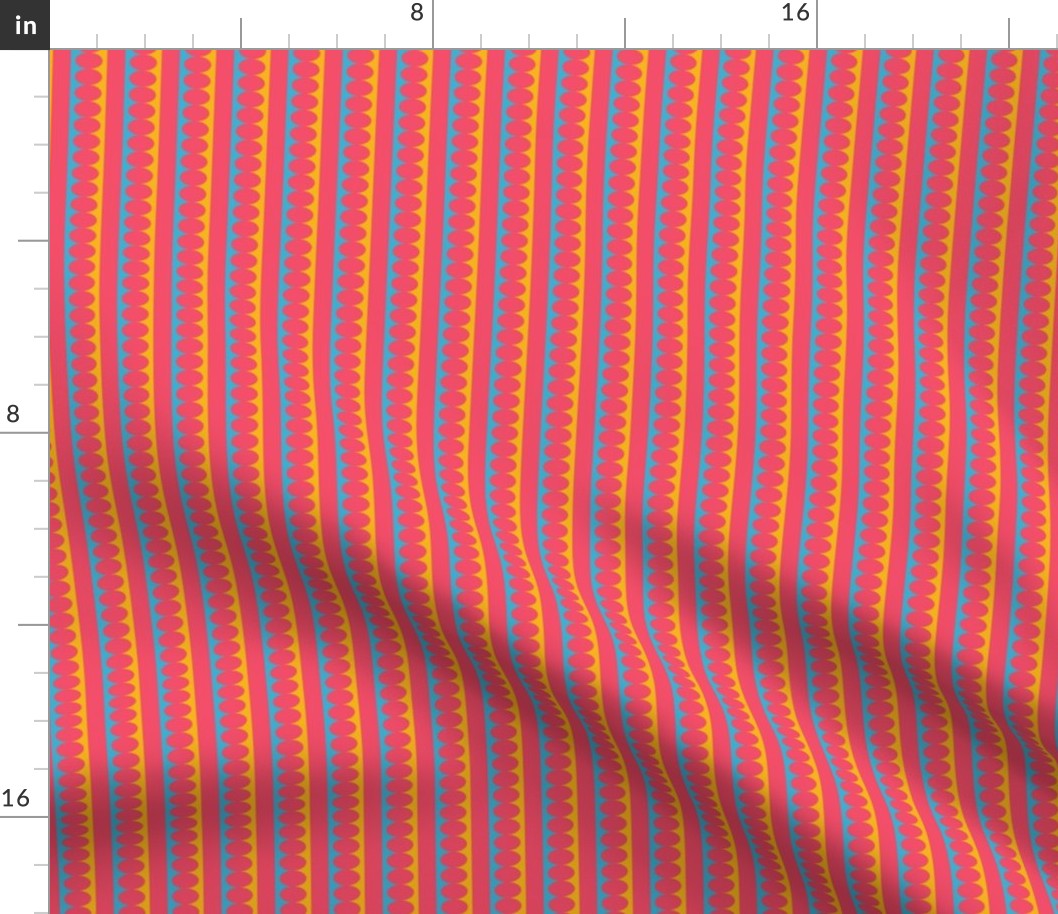 572- small scale hot pink, sunny yellow and turquoise blue Mid Century modern bold scallop stripe coordínate for kids apparel, wallpaper, duvet covers and tablecloths. 