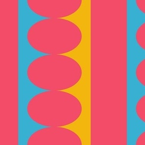 572 - large scale hot pink, sunny yellow and turquoise blue Mid Century modern bold scallop stripe coordínate for kids apparel, wallpaper, duvet covers and tablecloths. 