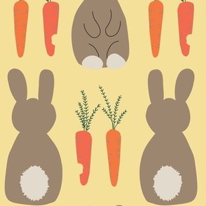 567- large scale Fluffy bunny rabbits and carrots in springtime in pretty soft yellow, orange and taupe - for nursery wallpaper,kids apparel, Easter table decor, children’s curtains 