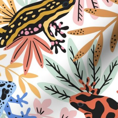 Dart frogs tropical leap party  - colorful rainforest frogs on pink, blue and orange - large scale