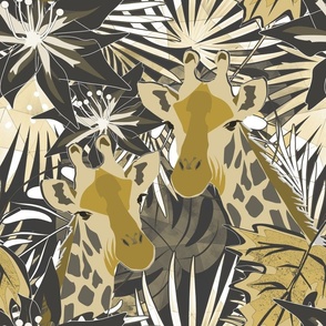 Giraffes in the tropical forest. Monochrome beige, brown pattern.